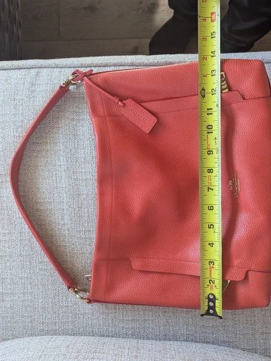 Coach Coral-Red Pebbled Leather Shoulder Hobo - Picture 7 of 8